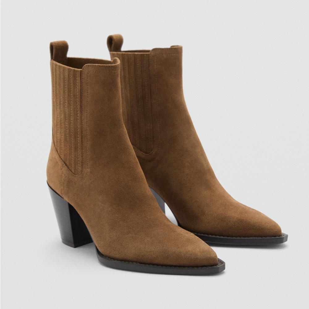 Mango MNG Suede Block Heel Boots Tobacco Brown Western Boot Size Euro 37 US 6.5